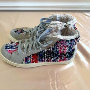 P448 Faux Fur Multicolor High Top Suede Sneakers Women’s Sz 38 7.5 8